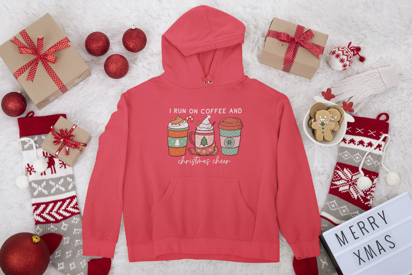 I Run on Coffee and Christmas Cheer Unisex Fleece Pullover Hooded Sweatshirt