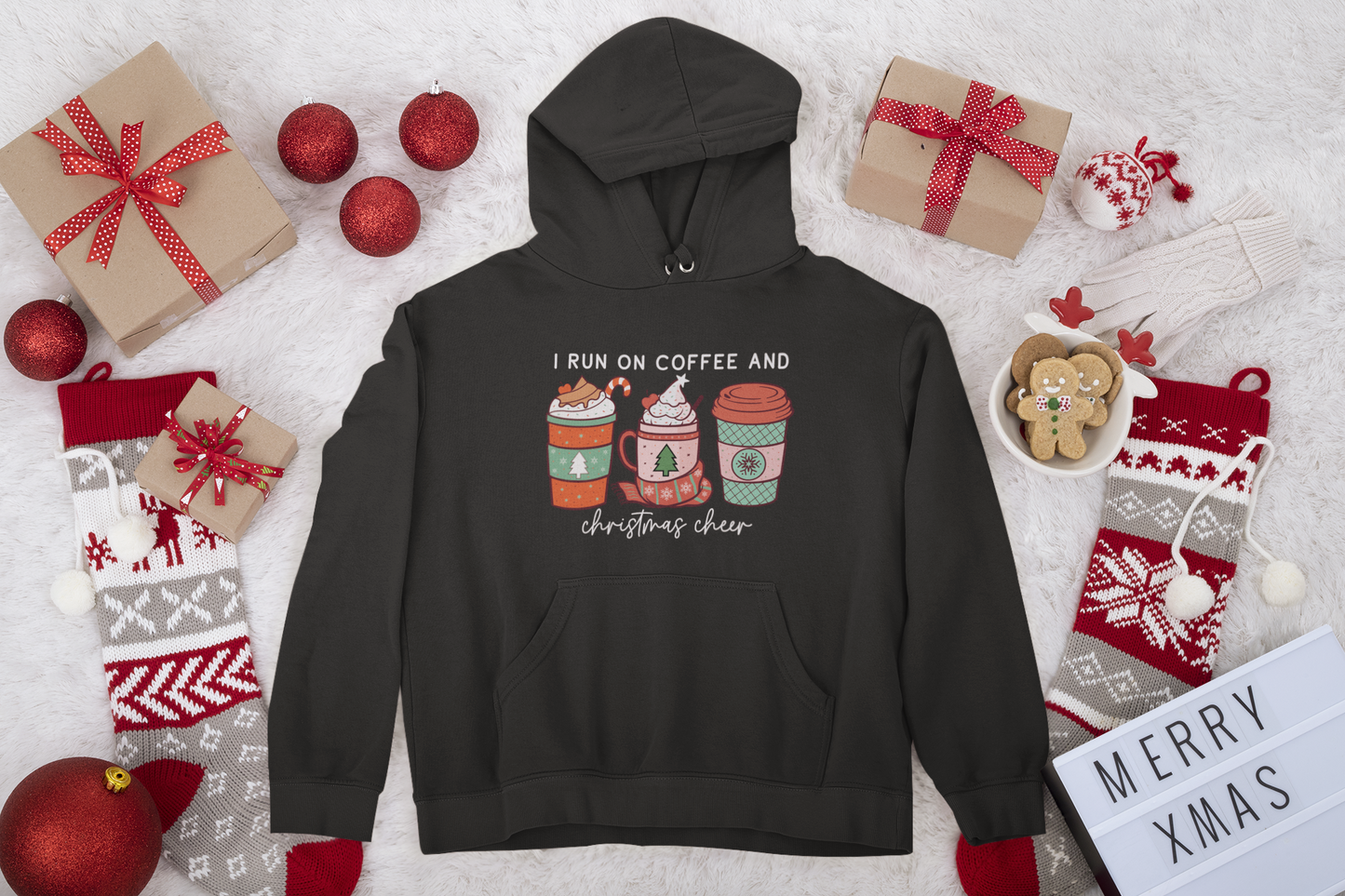 I Run on Coffee and Christmas Cheer Unisex Fleece Pullover Hooded Sweatshirt