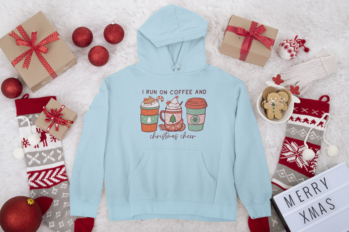 I Run on Coffee and Christmas Cheer Unisex Fleece Pullover Hooded Sweatshirt