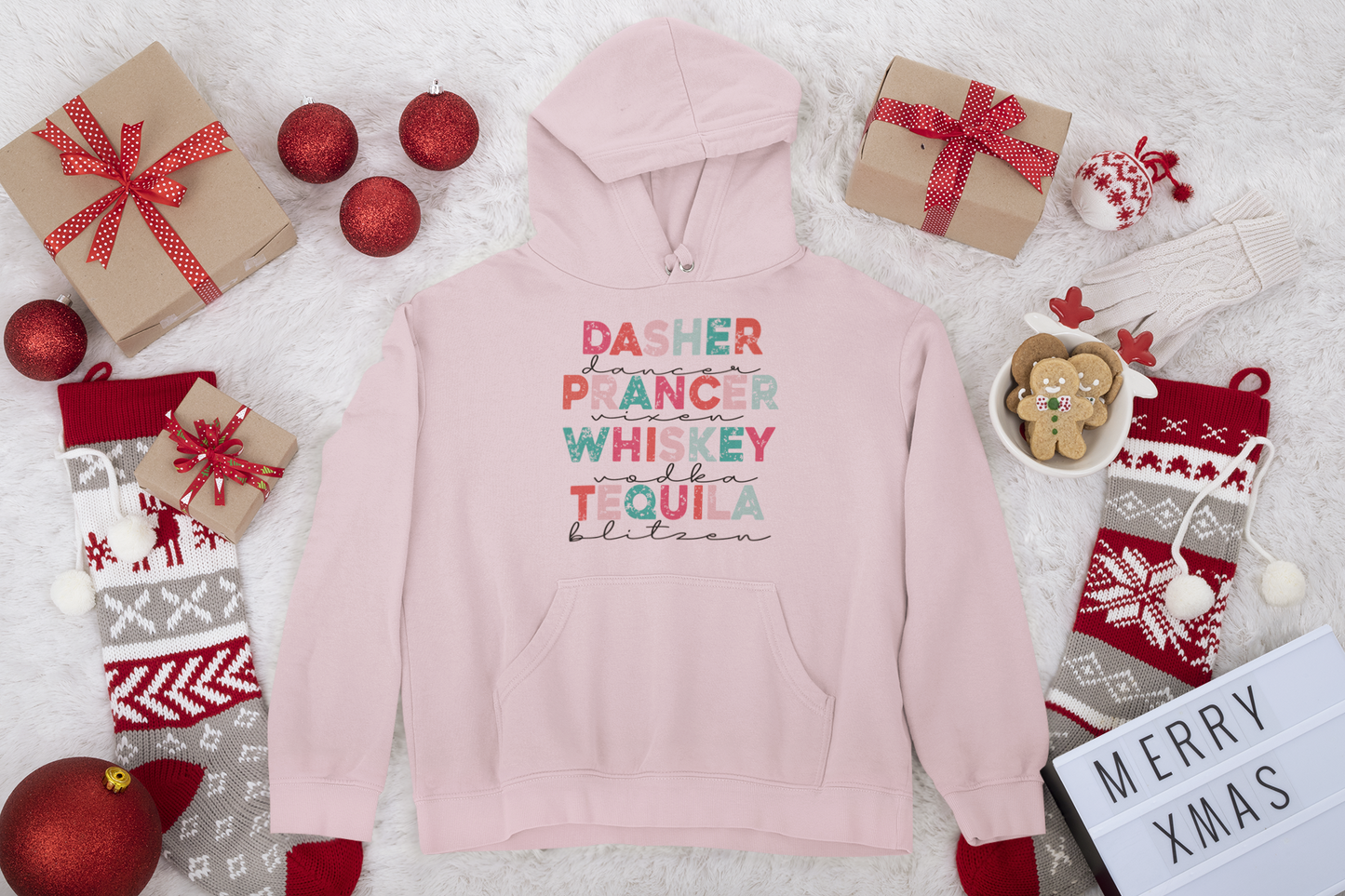 Dasher Dancer Prancer Whiskey Vodka Tequila Blitzen Unisex Fleece Pullover Hooded Sweatshirt